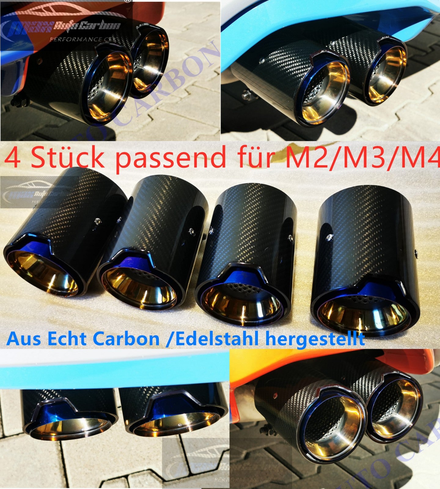 MAX CARBON Performance Edelstahl Auspuff Endrohre Blenden Blau für BMW M2 F87 M3 F80 M4 F82 F83 M5 F10